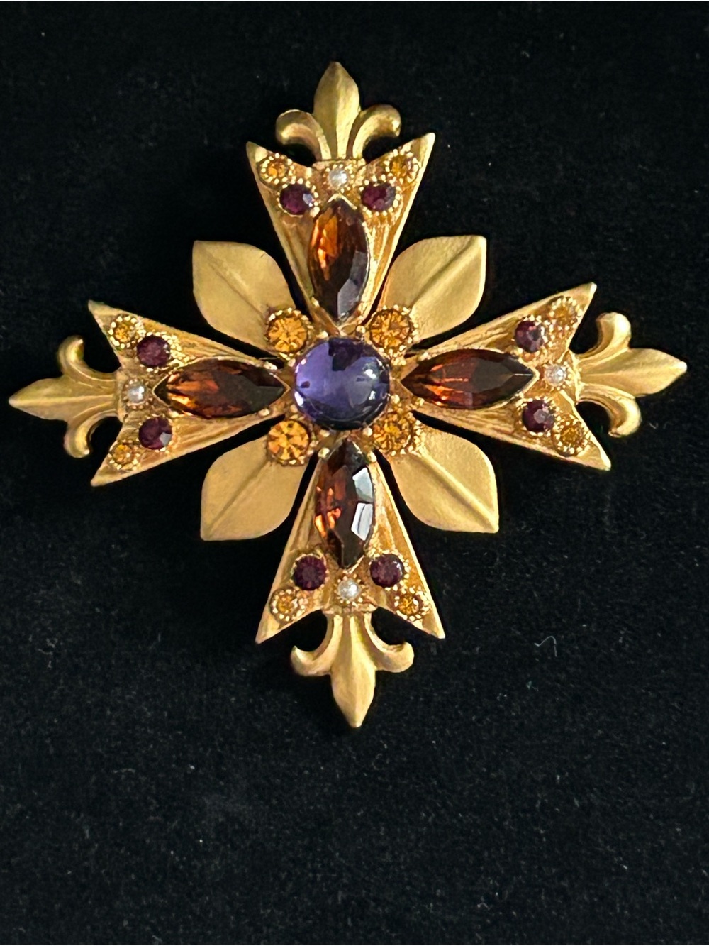 Maltese Cross with Fleur de Lis Brooch Rhinestone Purple Brown Gold Signed